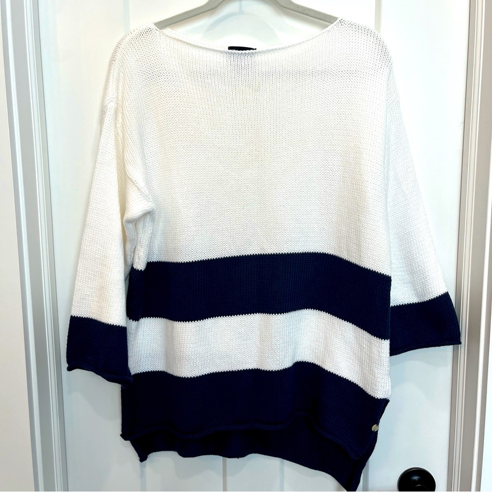 Pure Hand Knit White Blue Striped Cotton Pullover Sweater Size M/L 3/4 Sleeves